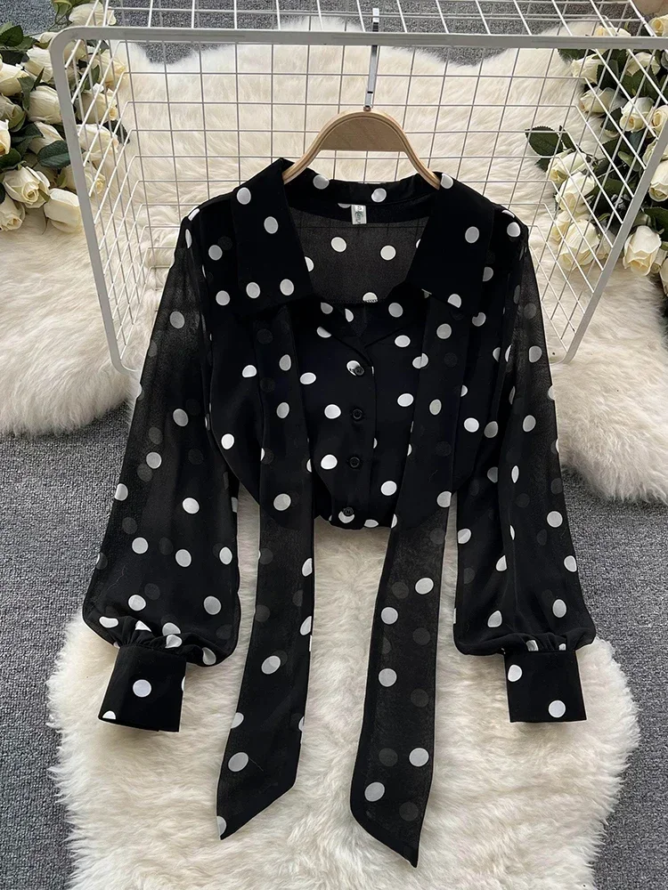 Woman Spring Sweet Polka Dot Blouse Western Style Puff Sleeve Age Reduction All-match Chiffon Shirt Tops Female D0353