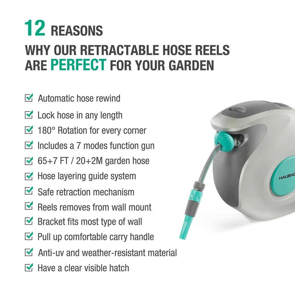 HAUSHOF Hose Reel Wall Mounted Retractable Garden Hose Reel with 20+2M Hose Locking Mechanism Roll-up Automatic 7 in 1 Spray Gun