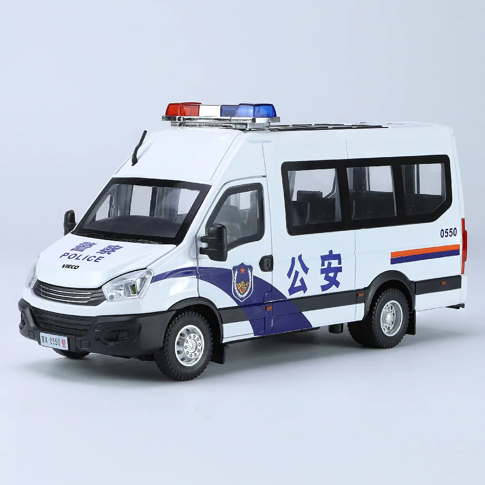 1:24 Scale IVECO Police Alloy Car Diecast Metal Model Sound & Light Pull Back Toy Interior Ornaments Children Toy Gifts Doiplay