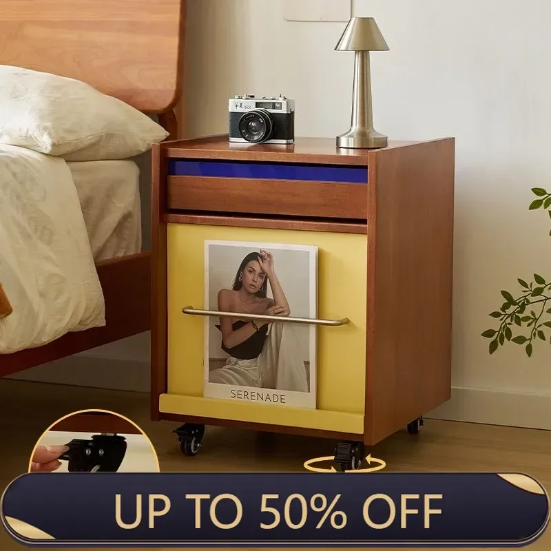 Solid Wood Bedside Table Bauhaus Bedside Cabinet Movable Home Antique Style Side Cabinet Small-sized Bedroom Storage Cabinet