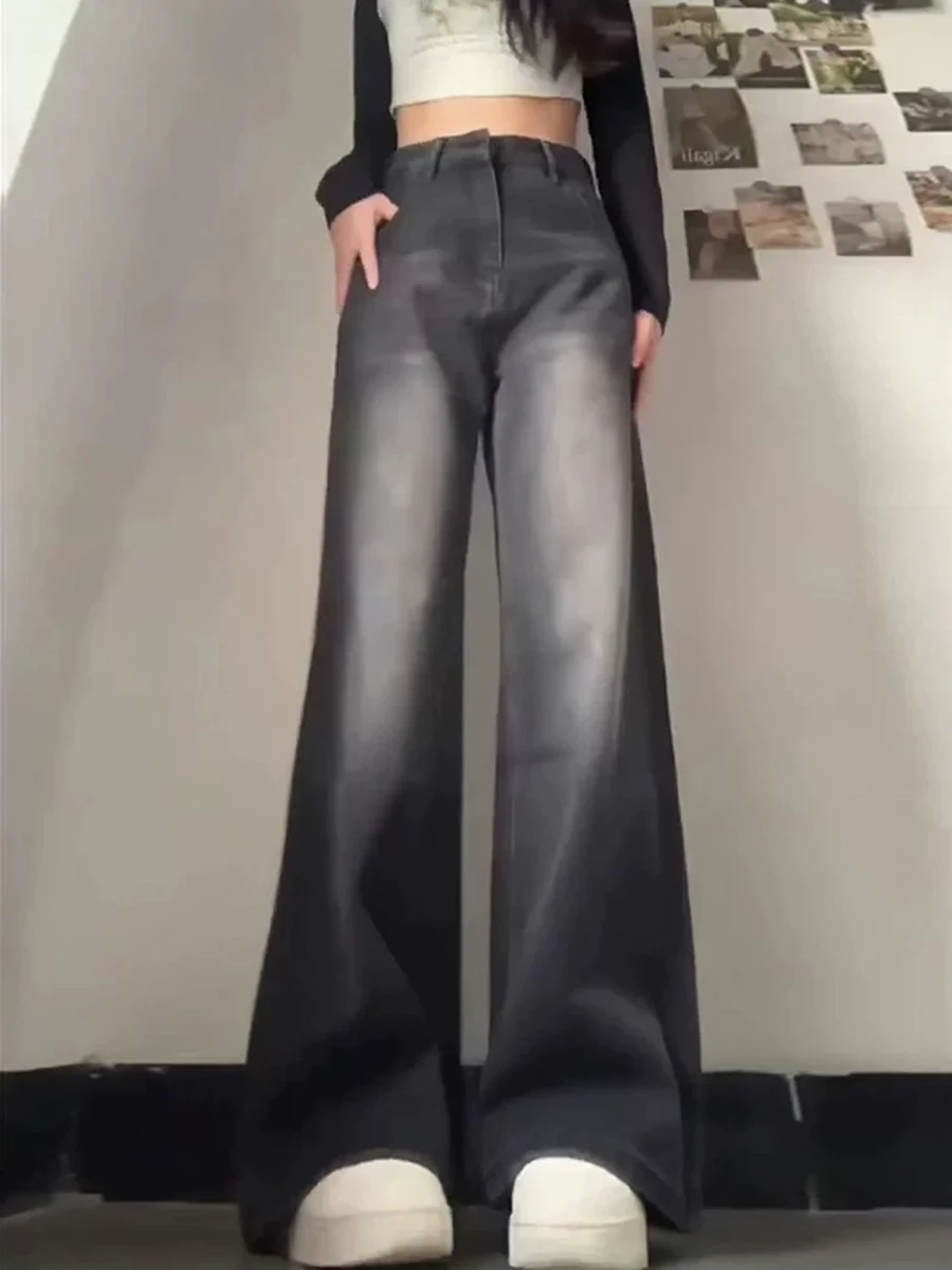 Dżinsy plus size z wysokim stanem, proste nogawki, damskie, wiosenno-jesienne, luźny krój, casualowe, szerokie nogawki, długość do podłogi.