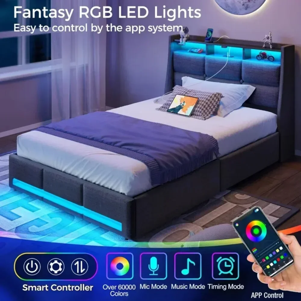 Twin Size Frame with LED Lights and Charging Station, Upholstered Bed Storage Headboard &Amp; Drawers, Twin Bed image 3