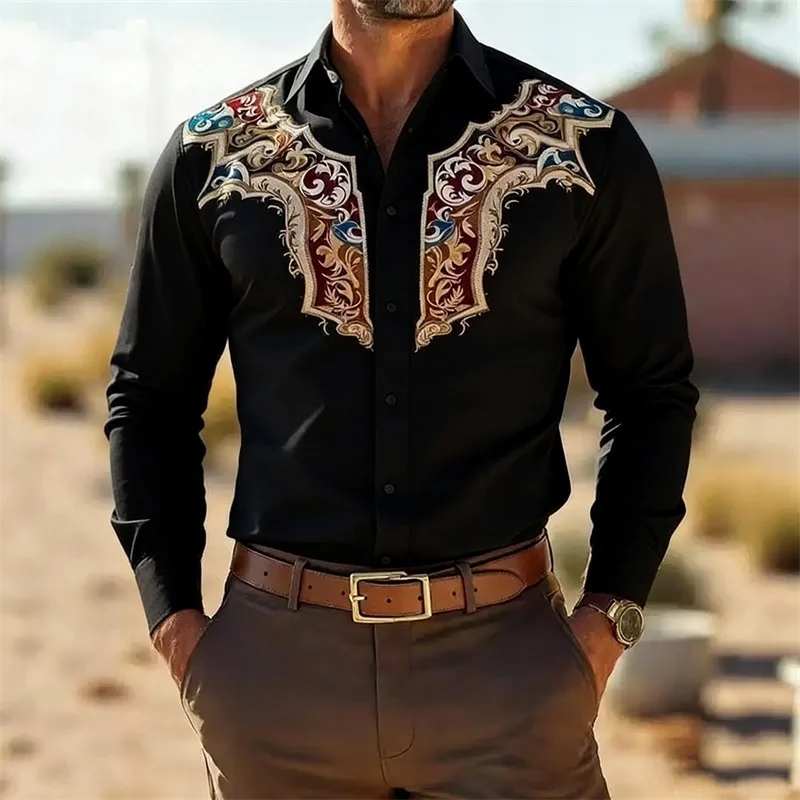 Men's Retro Fashion Printed Long-Sleeve Shirt  Western Cowboy Style  Slim Fit Casual Shirt  Comfortable Fabric  Sizes