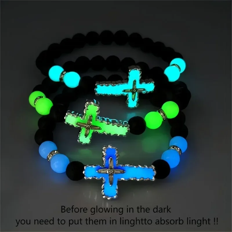 Fashion Night Light Alloy Oil Drop Cross Bracelets Nature Volcanic Stone Lightening Beaded Bracelet for Lover's Gift