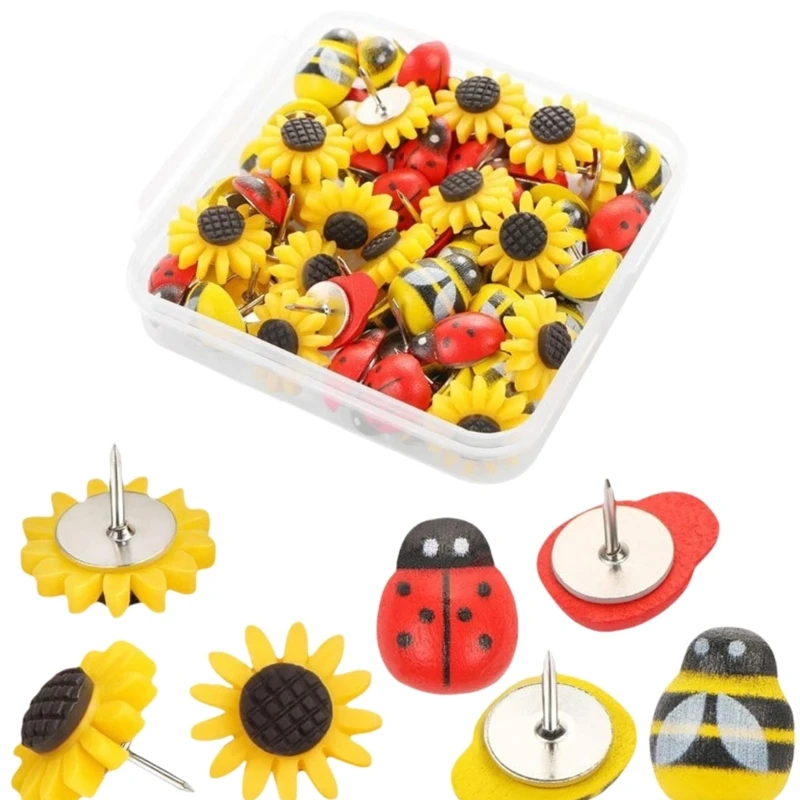 30Pcs Flower Push Pin Lady Bird Pushpin with Case Decorative Thumb Tacks Map Pin