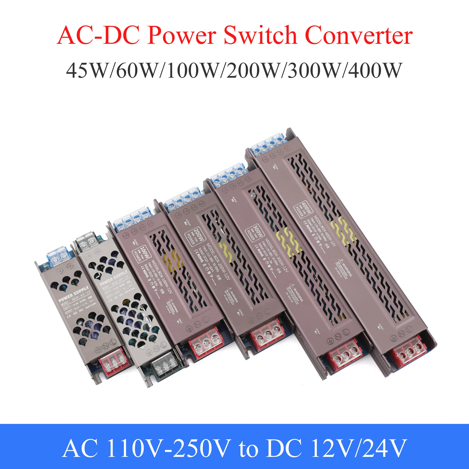 

Ultra-thin Switching Power Supply AC110/170-250V to DC 12V/24V 45W-400W Outdoor Power Switch Adapter for LED Light Strip