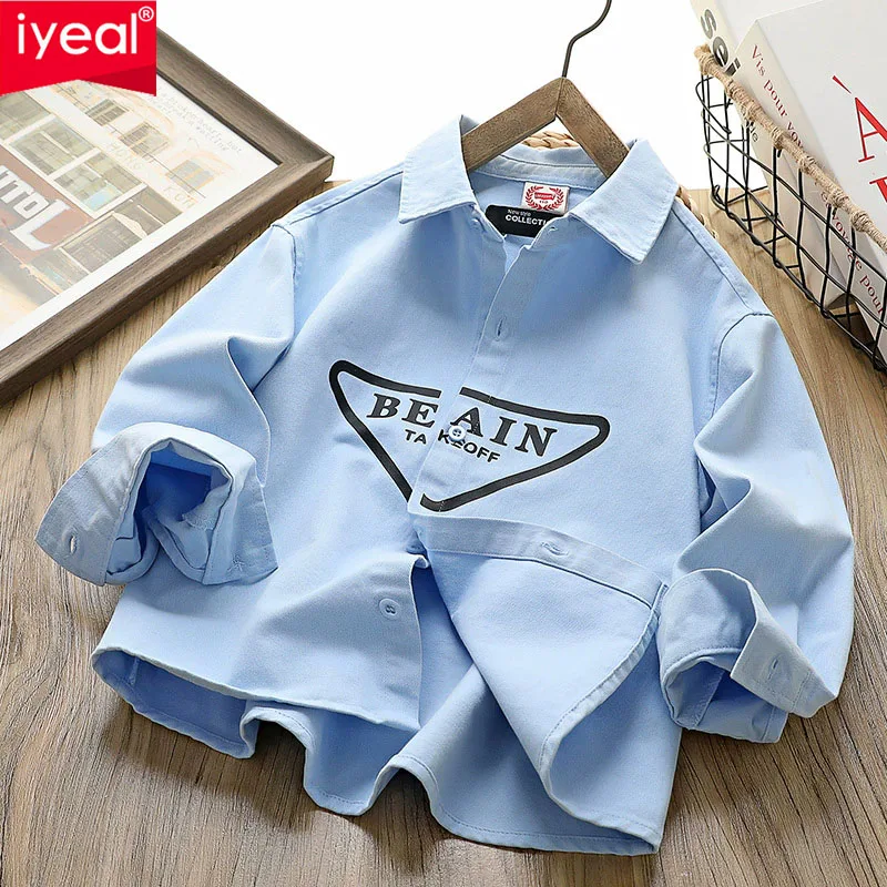 IYEAL Boys' Shirt Long Sleeved Pure Cotton Shirt Spring New Item For Teenagers Korean Version Student Top Children's Clothing