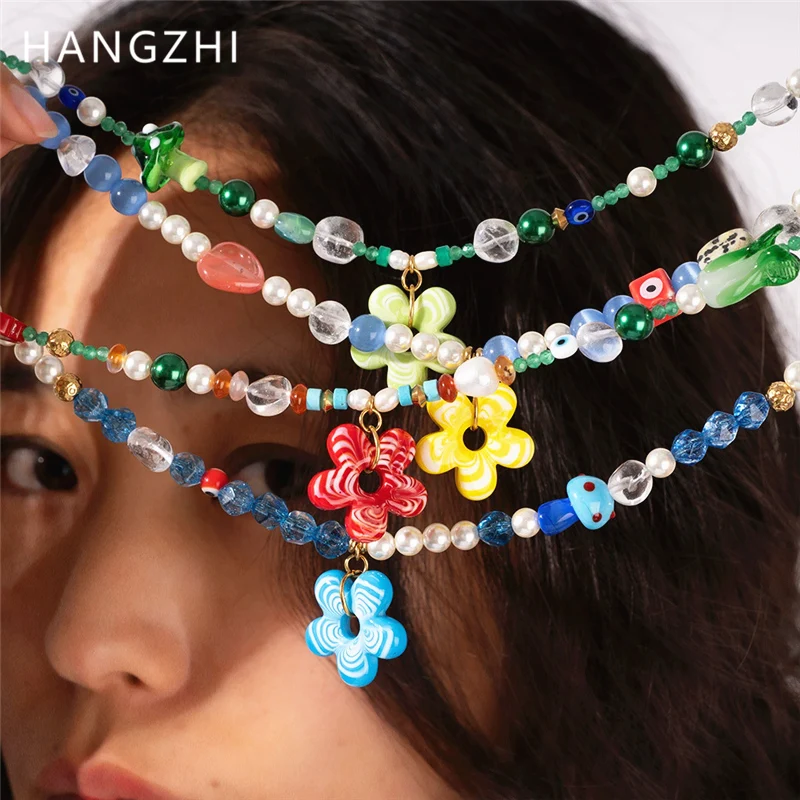 HangZhi Summer Colorful Beaded Flower Necklace Blingbling Glass Resin Pearl Y2K Sweet Charms Jewelry for Women Vacation Party