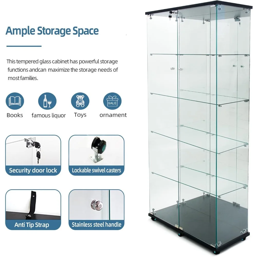 Bluetooth LED Lighted 5-Tier Glass Display Cabinet, 2-Door Floor Standing Curio with Universal Wheels