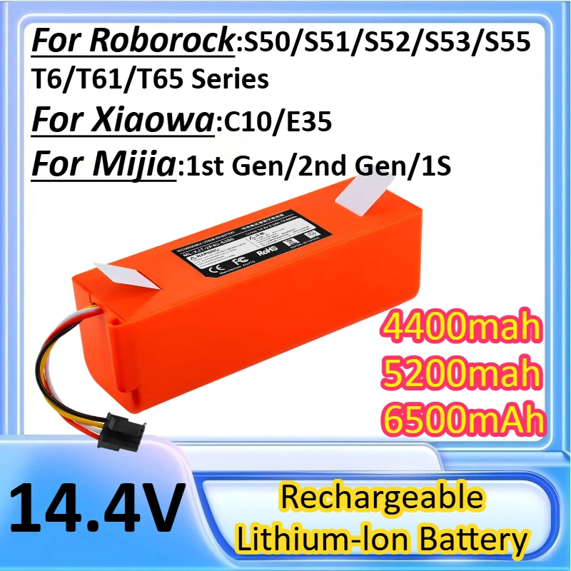 

14.4V 4400mah 5200mah 6500mAh Vacuum cleaner Replacement Battery for Xiaomi Robot Roborock S50 S51 S55 Accessory li-ion battery