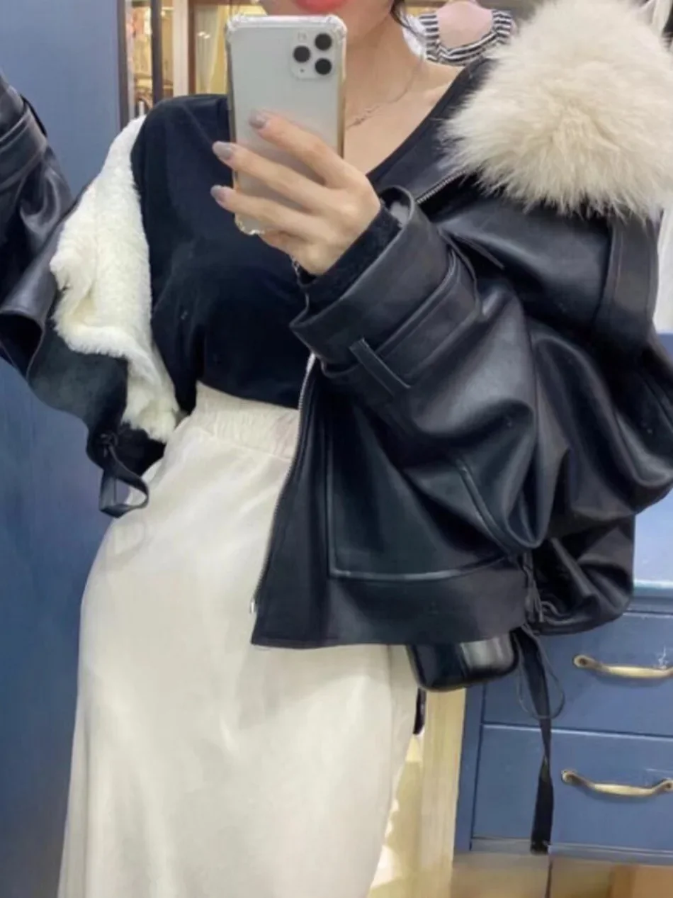 Women Clothing Short Detachable Rabbit Fur Collar Warm Black Coats Women Tops Autumn/Winter New Velvet Thickened Leather Jacket