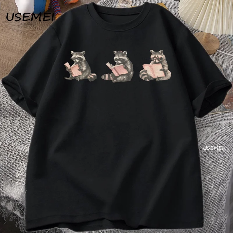 Funny Raccoon Bookish T-shirt Men Women Tee Book Lover Bookworm Tshirt Cotton Short Sleeve Round Neck T Shirt Librarian Clothes
