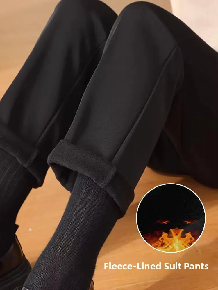 

High Waist Slimming Fleece Lined Black Smoke Pipe Suit Pants for Women Autumn Winter Casual Wide Leg Pants plus Size Nine Points