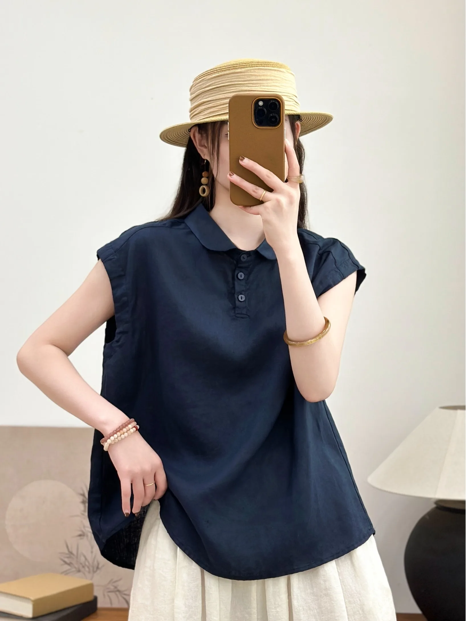 

Повседневная льняная футболка без рукавов с воротником, женская летняя новинка, универсальная блузка на пуговицах, приятная к телу, дышащая