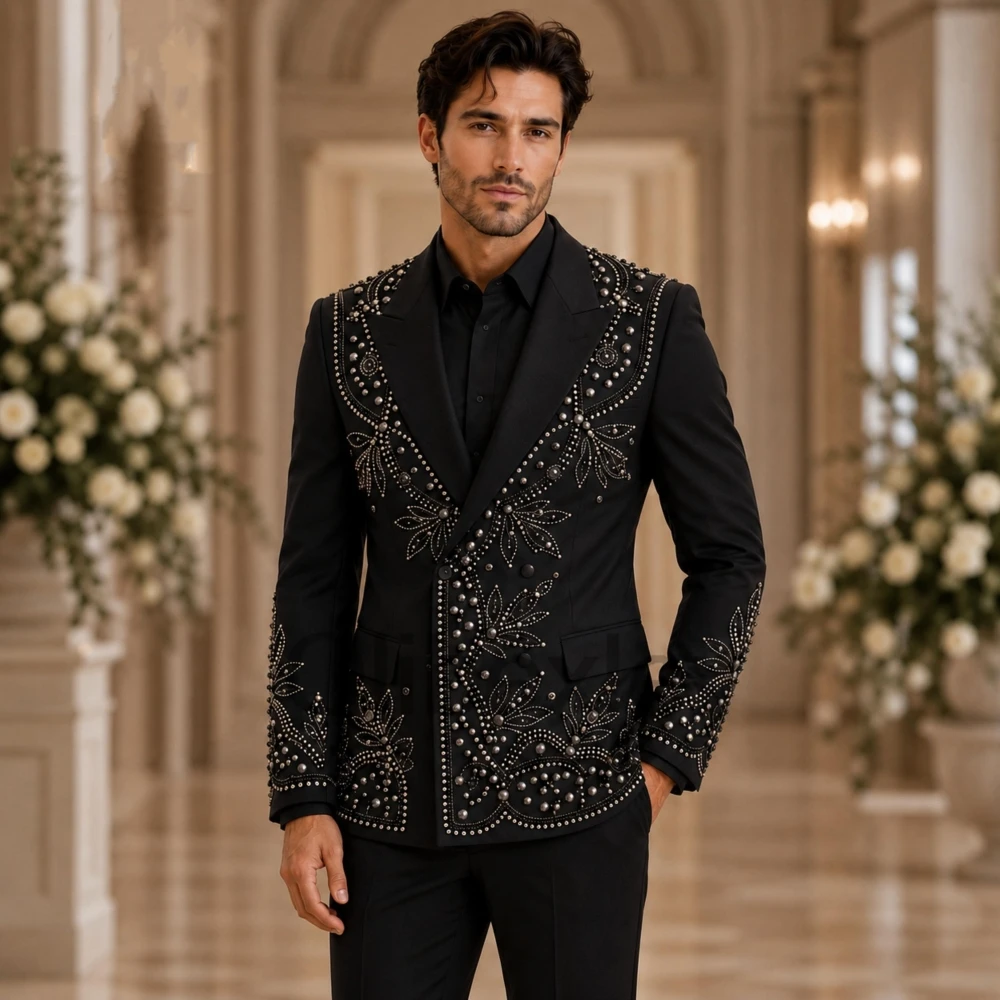 Olibexley Elegant Black Men's Suits Double Breasted Groom Wedding Classic Slim Fit Beaded Crystal Prom Tuxedo Customized S236