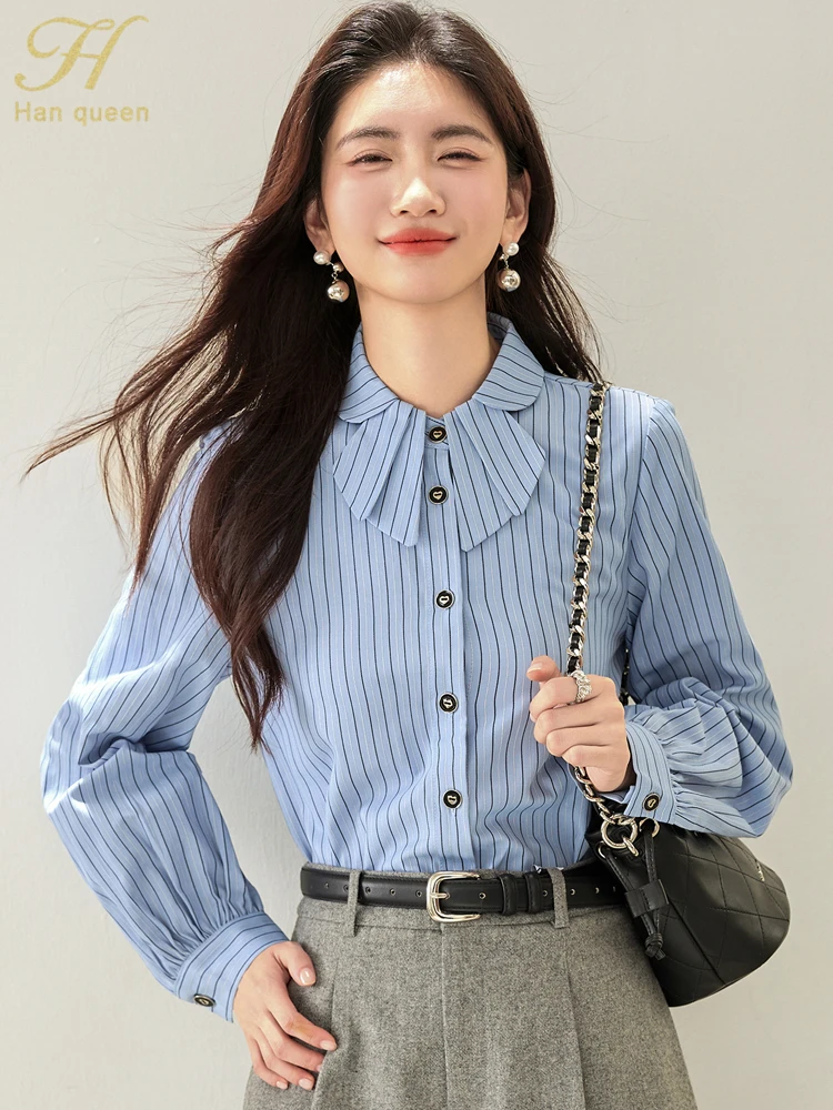 

H Han Queen Autumn Woman Clothing Chic Stripe Blouse Long Sleeve Blouses Korean Work Casual Tops Simple Women's Vintage Shirt