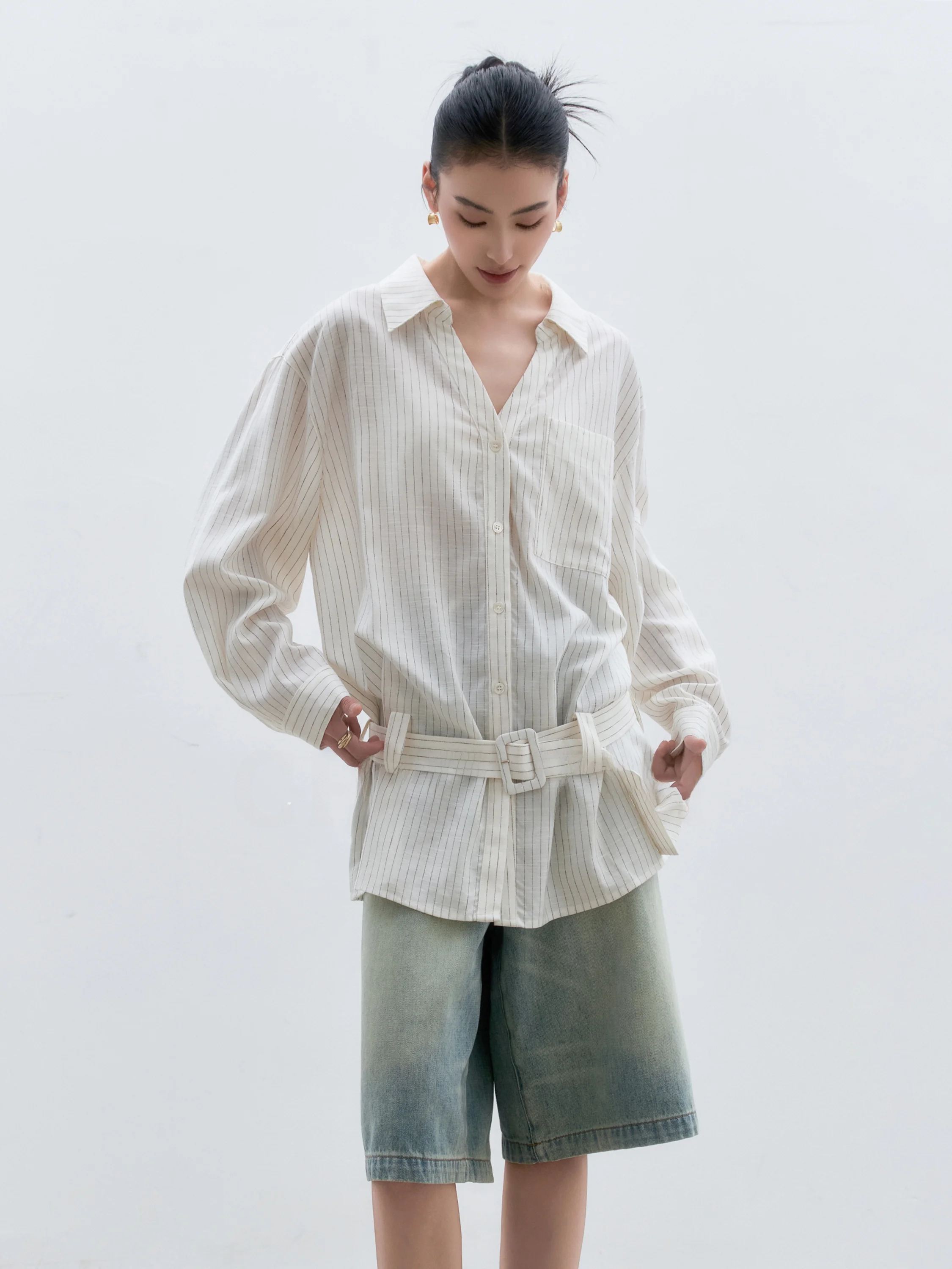 

Женская свободная рубашка CHIC ZHI с длинным рукавом, с завязками на талии, в полоску, изо льна, с защитой от солнца, для повседневного и делового стиля