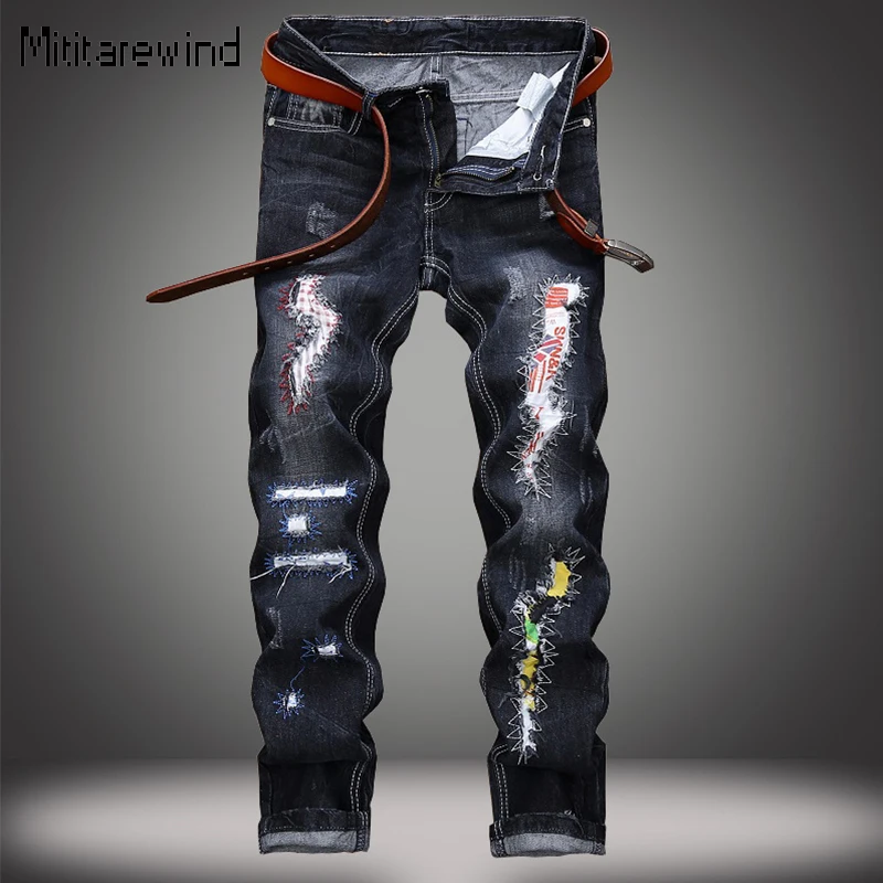 

American New Jeans for Men High Street Ripped Patch Y2k Jeans Cotton Mid Waist Full Length Straight Jeans Youth Trend Slim Jeans