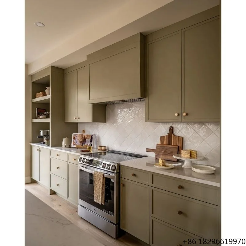 

Custom Solid Wood Shaker Style Modular Kitchen Cabinets With Sink Faucet Open Shelves Pantry