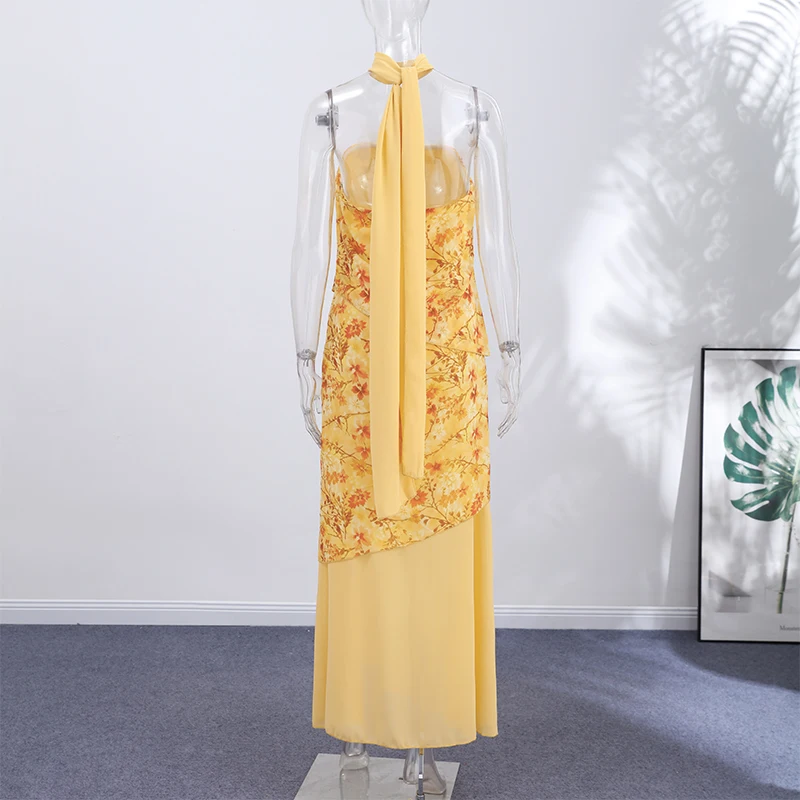 Damen Patchwork Trägerloses Maxikleid Ärmellos mit Rüschensaum und Schal Schnürkleider 2026 Sommer Elegantes Abendkleid für Damen – Detail 11