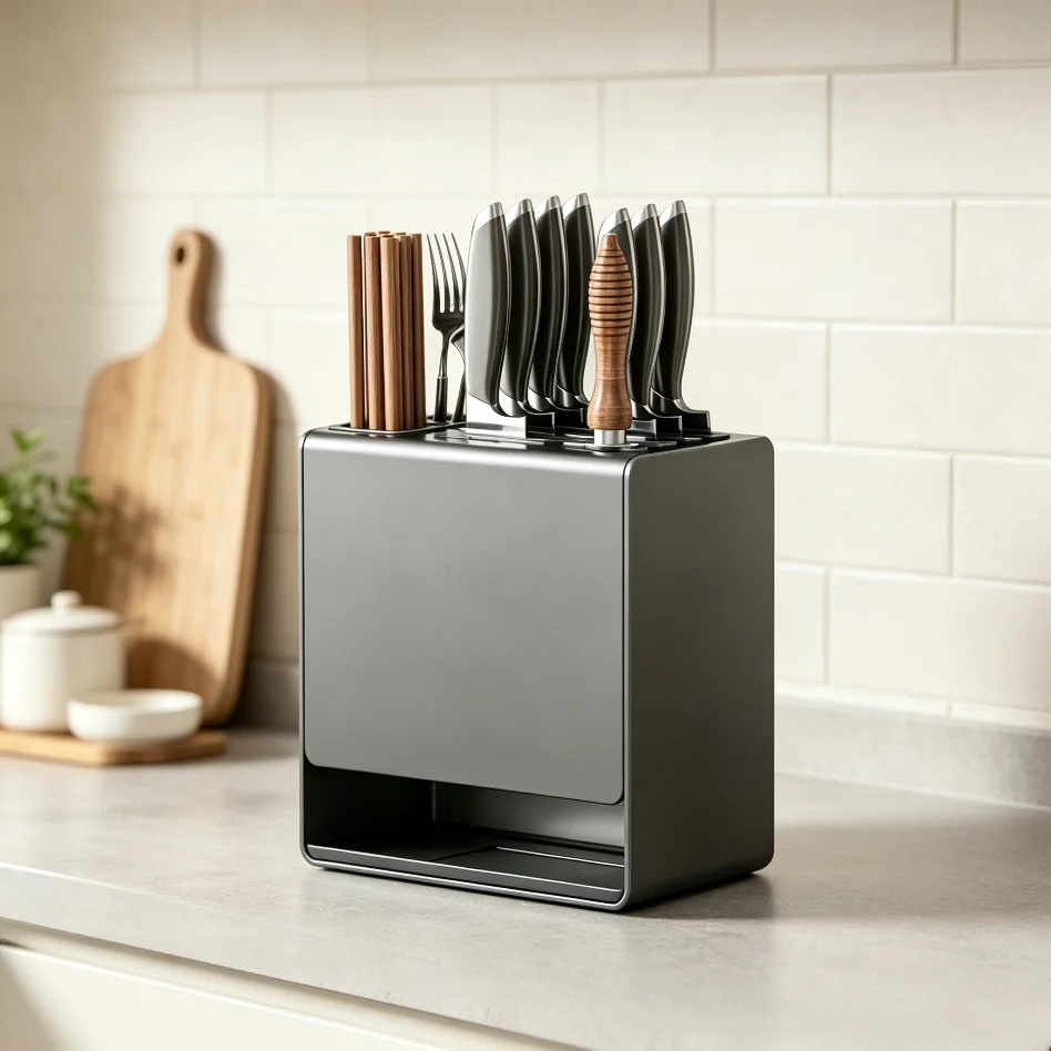 Integrated Knife Chopstick Storage Rack Gray Dual Design Wall Mount Countertop Kitchen Holder