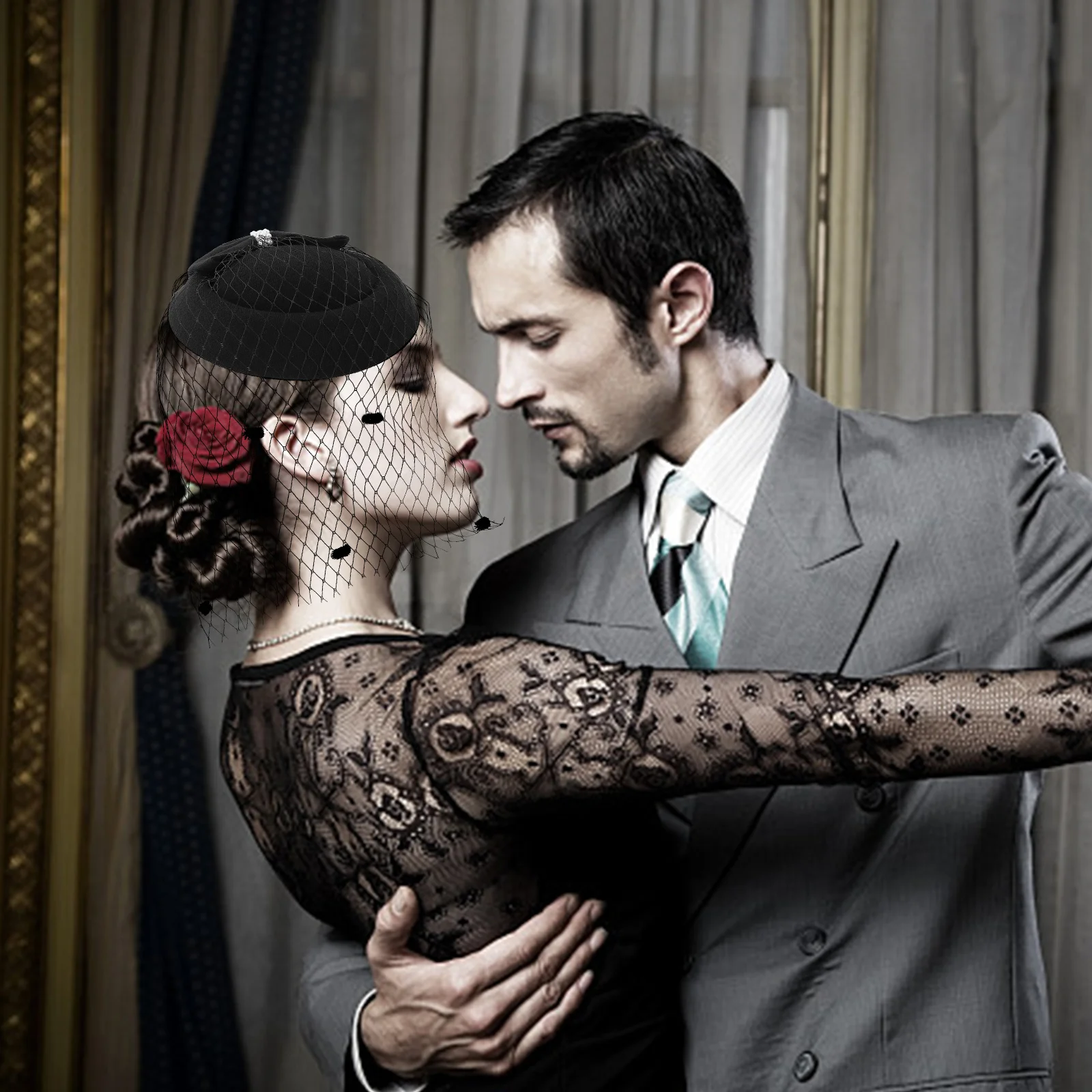 1 セットメッシュヘア装飾レトロシルクハットレース手袋エレガントなパーティーベール帽子宴会衣装ダンスパーティー頭飾り