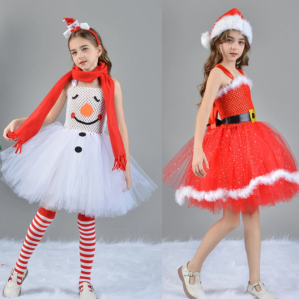 

Christmas Costume Children Snowman Clothing Cosplay White Snowman Deer Mesh Dress Girls Fluffy Skirt Performance Dress