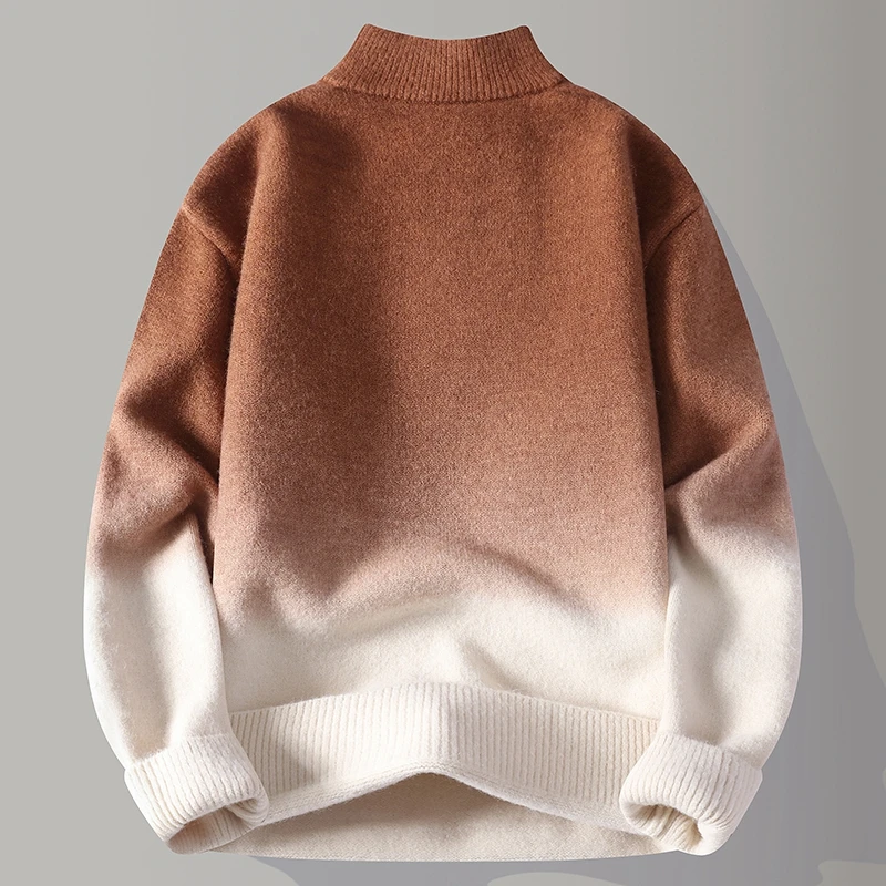 men's autumn winter long sleeves knit sweater mock neck zipper gradient pullover leisure fashion trend youth men's clothing tops
