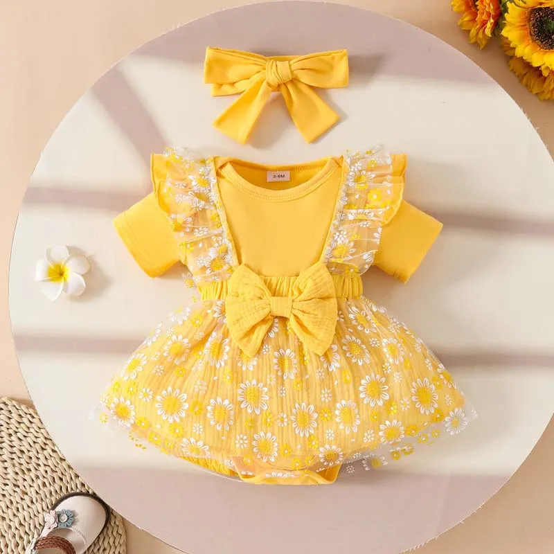 0-18 Months Baby Girl Clothing 3-Piece Outfits Summer Short Sleeve Yellow Bodysuits+Mesh Halter Dress+Headband Newborn Set