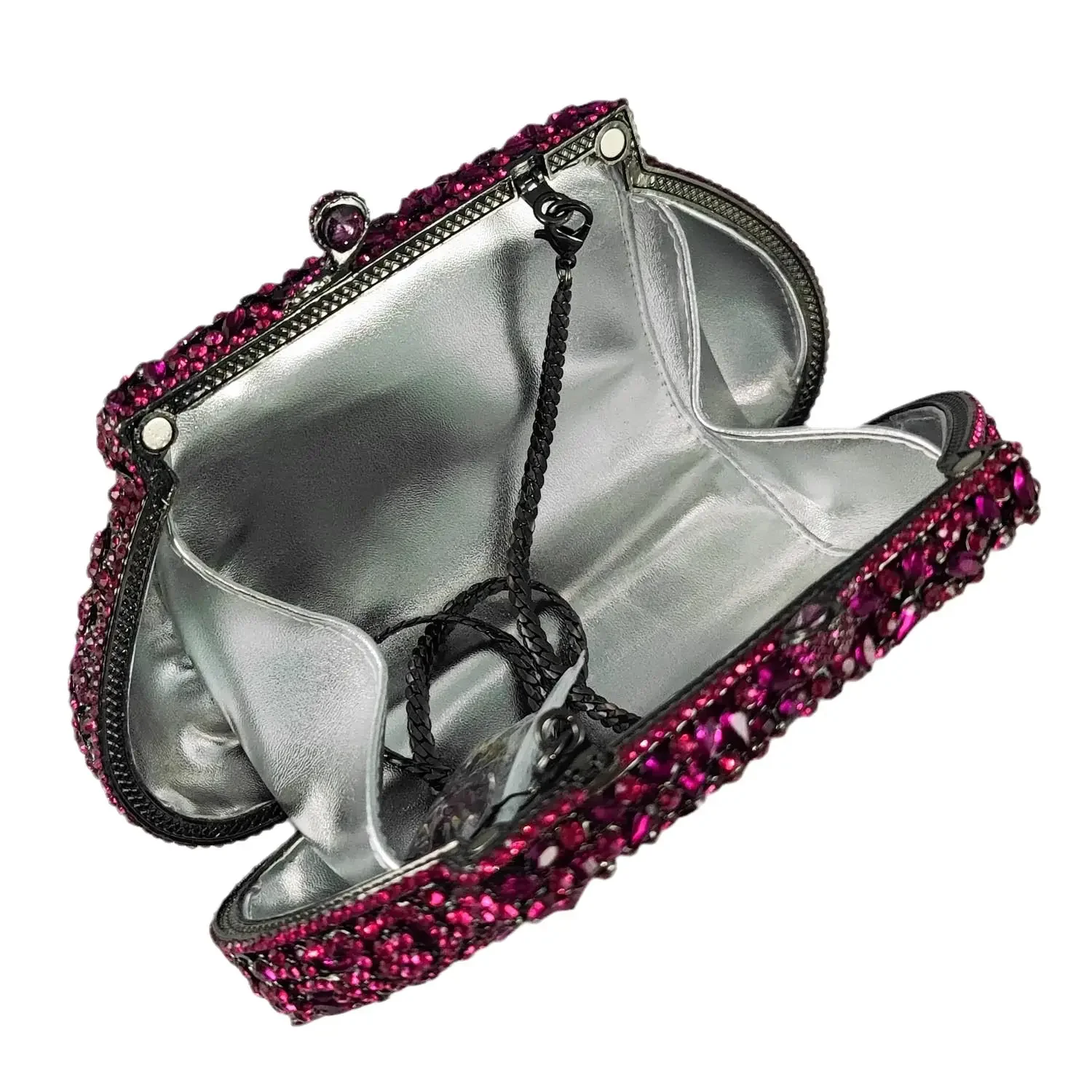 Boutique De FGG Fuchsia Crown & Flower Women Crystal Clutch Evening Handbags Party Dinner Wedding Bridal Rinestone Purse