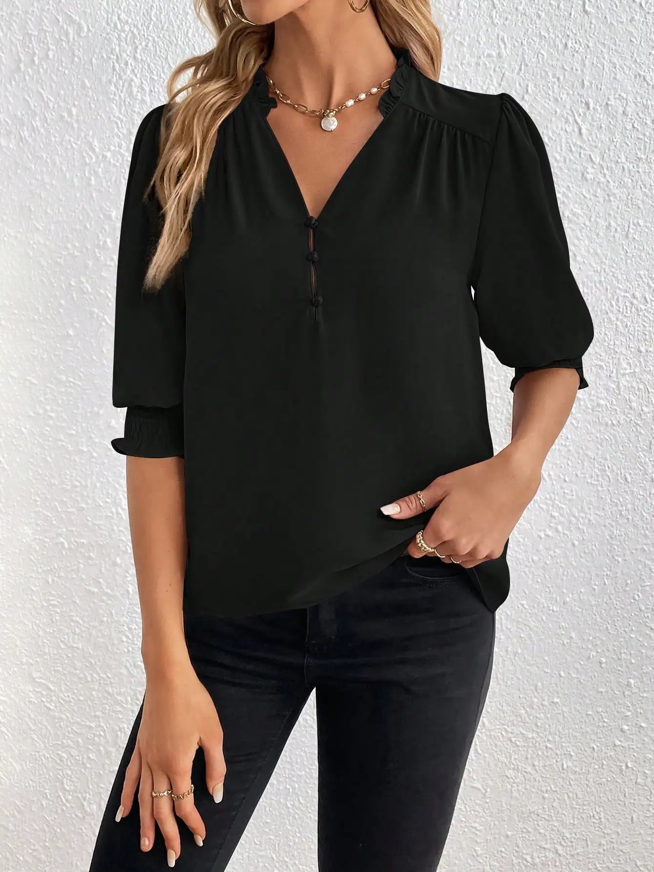 

Black Frill Trim Lantern Sleeve Blouse