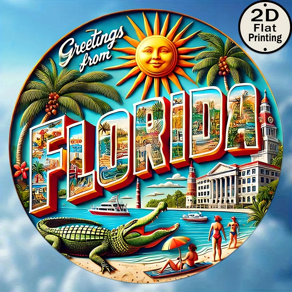 2D-Metallschild „Grüße aus Florida“, Vintage-Sommerurlaub, Strand, Palmen, Krokodil, Blechschild, Retro, rustikale Dekoration für Zuhause und Bar, G