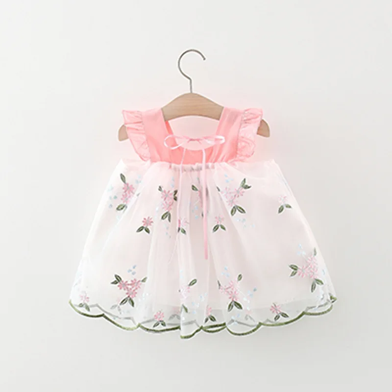 Baby Girl Summer New Dress Sweet Flying Sleeves Mesh Embroidered Korean Edition Mesh Dress Princess Dress Suitable for 0-3 Years