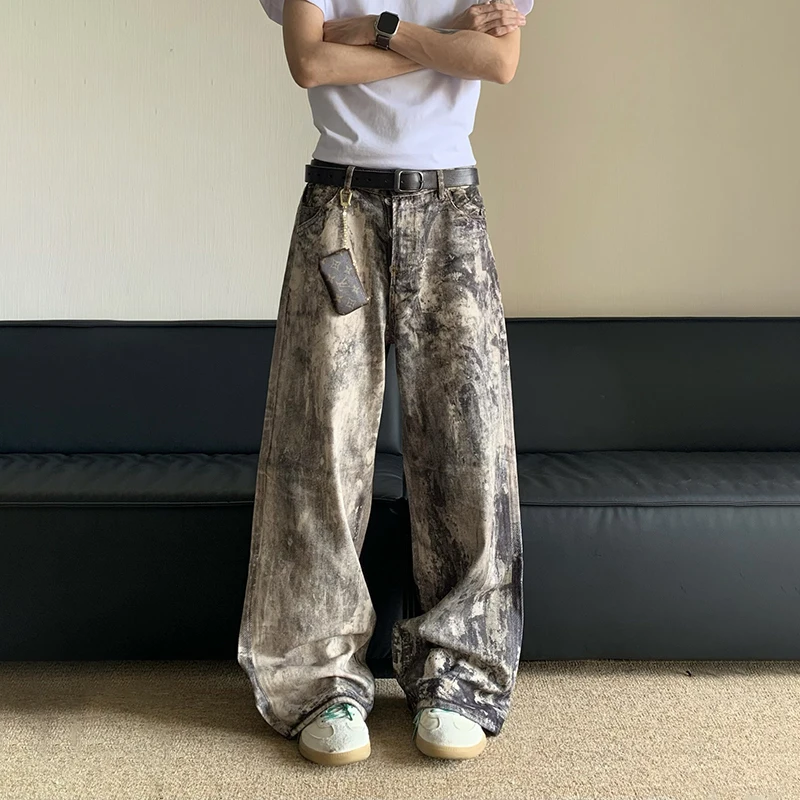WTHT ファッションメンズ迷彩プリントハイストリートデニムパンツヴィンテージトレンディなルーズワイドレッグストレートジーンズ男性夏 2A0138