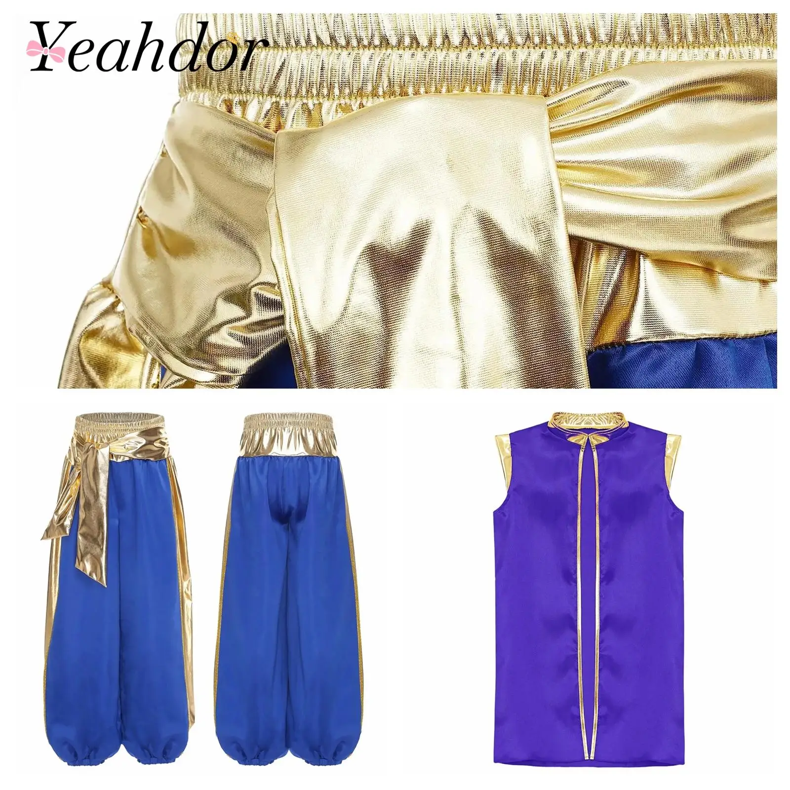 

Kids Boys 2Pcs Arab Prince Costume Persian Arabian Role-play Vest Metallic Bloomers Harem Pants Suit for Halloween Party Outfits