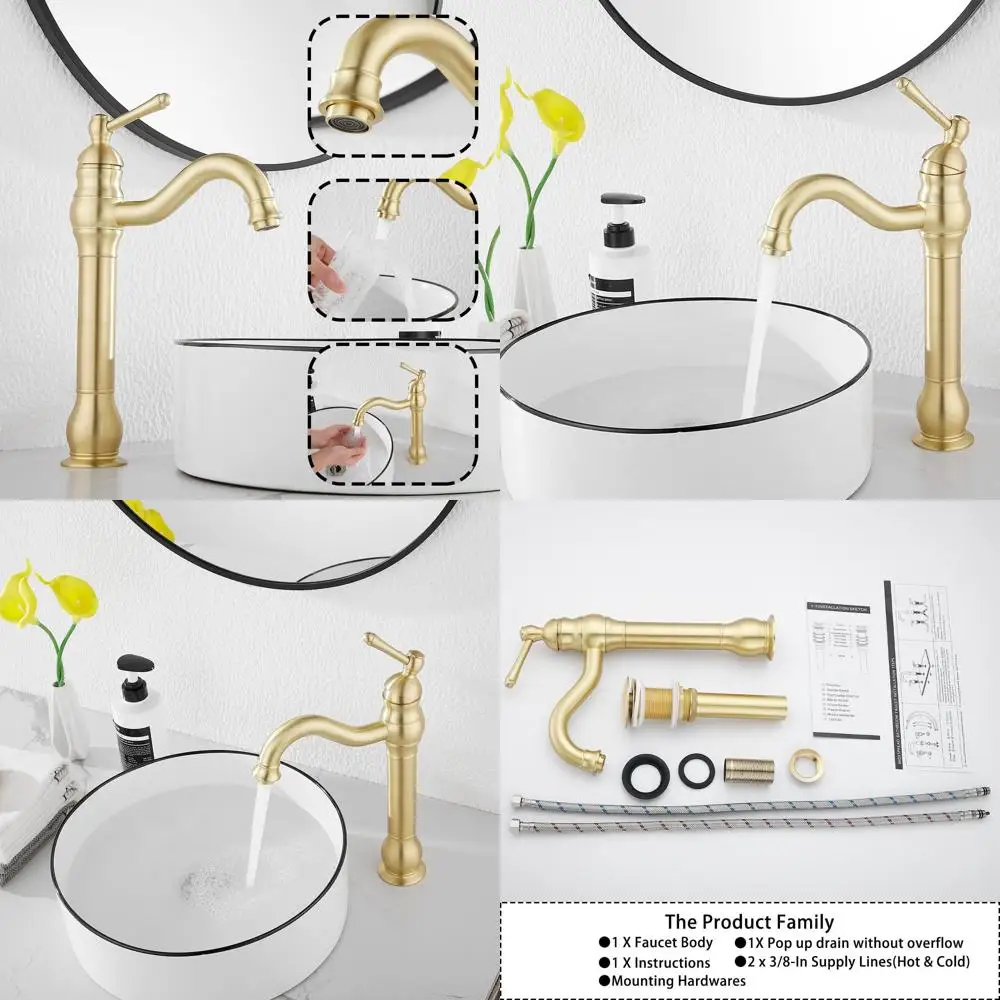 

Single-Handle Vessel Sink Faucet with Pop-Up Drain in Brushed Gold for Farmhouse Vanity Bathroom