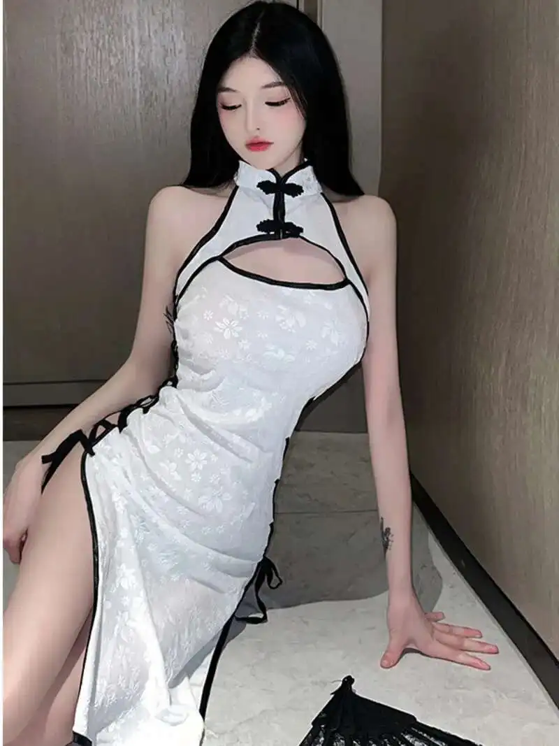 

Сексуальная ночная рубашка с полым ремешком, искушение, страстная ночная рубашка, платье-вилка, женское однотонное платье на шнуровке с открытыми плечами и воротником-стойкой, лето 7DV3