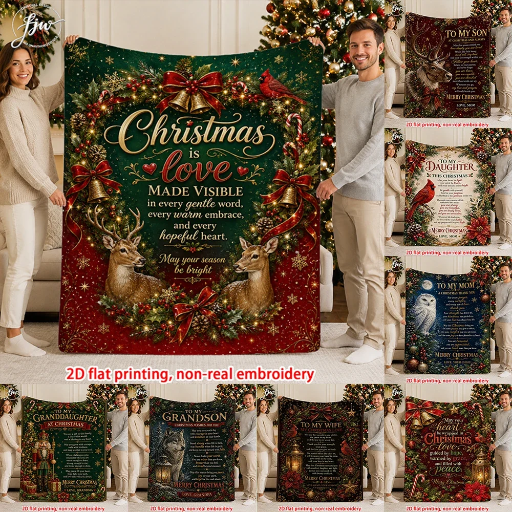 1pc Christmas Warm Fleece Throw Blanket with Family Love Message, Festive Deer Cardinal Holiday Decor Blanket for Home Couch Bed