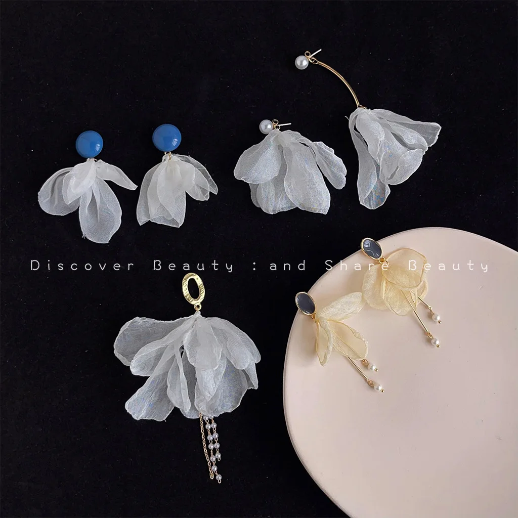 DIY accessories Super fairy fabric tassel earrings women's long sweet temperament bridal earrings personalized fashion show face view 2