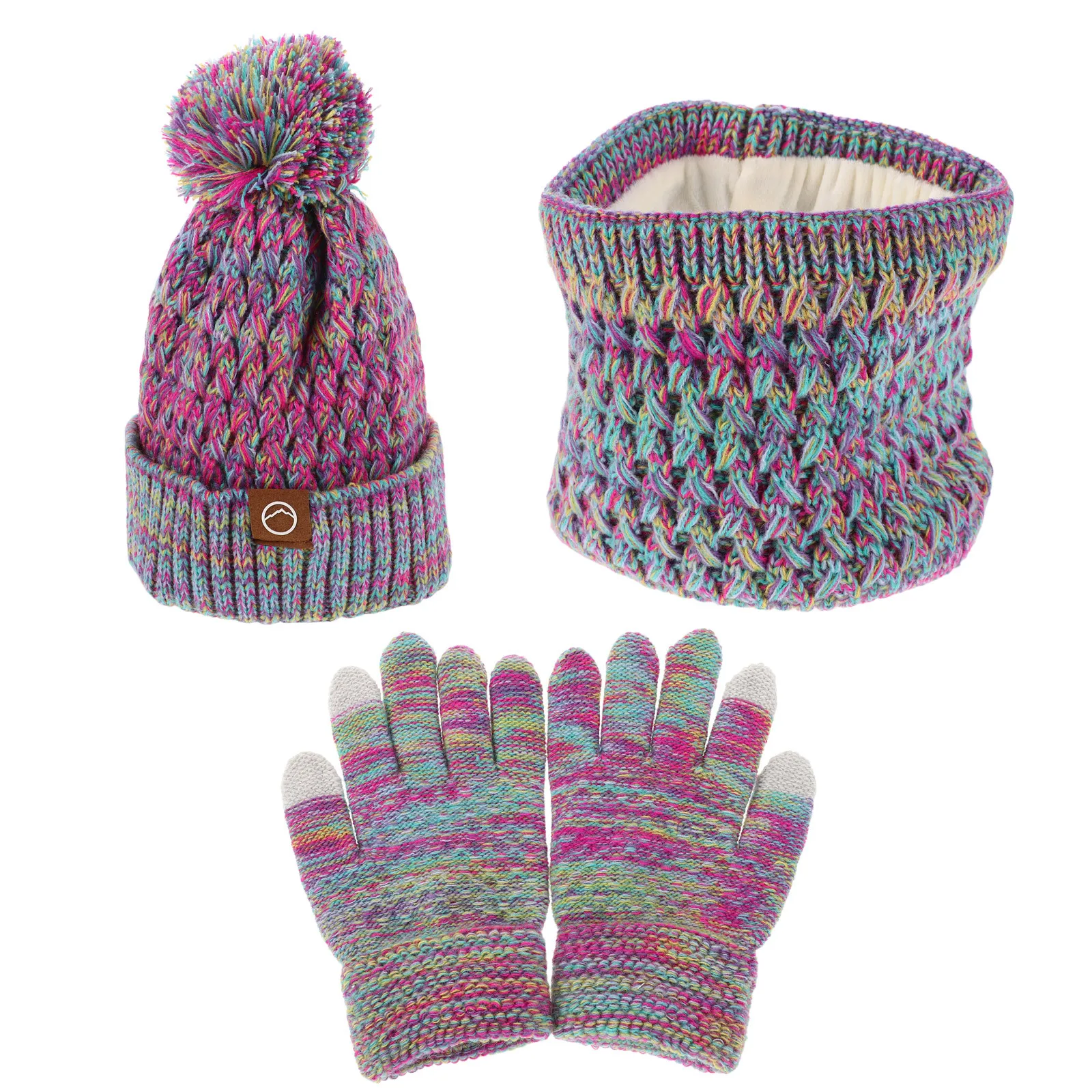 

Kids Winter Hat Gloves Scarf Pom Pom Fleece Lined Beanie Warm Knitted Neck Warmer Full Finger Gloves for Girls Boys Outdoor