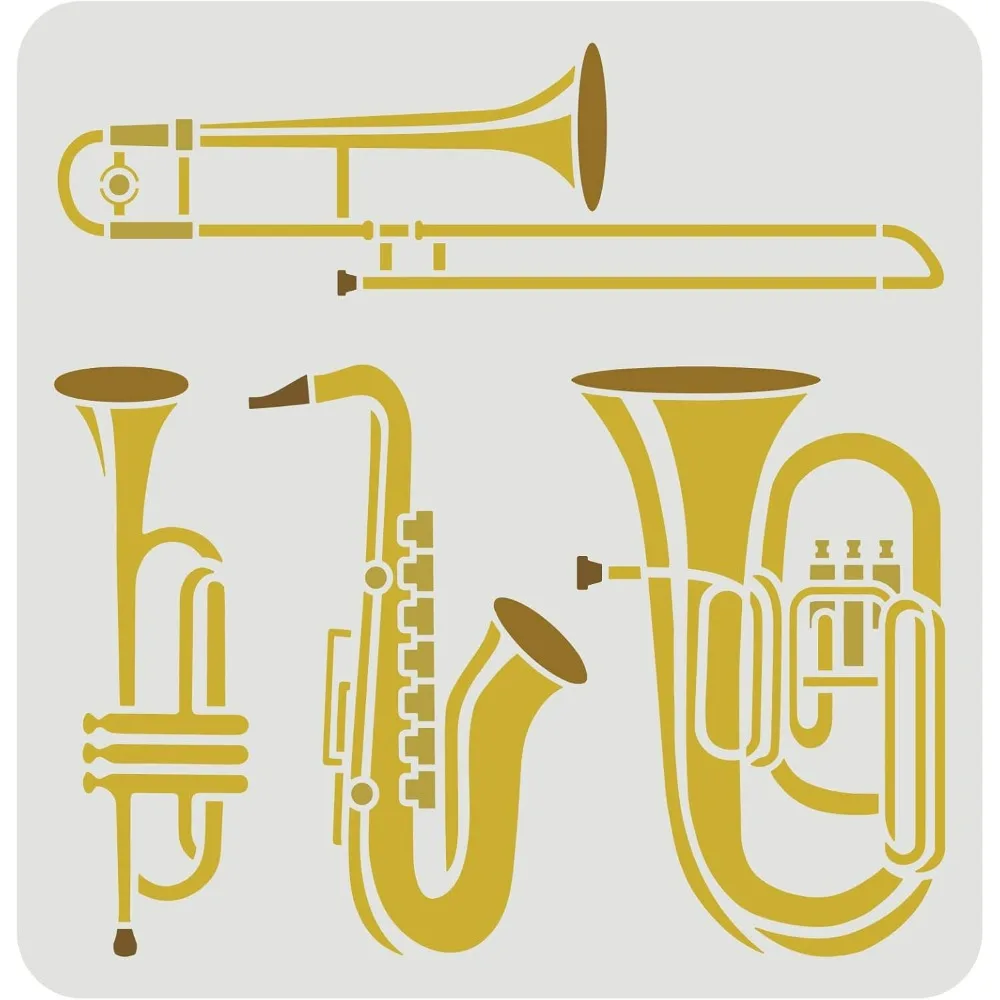 Wind Instrument Stencil 11.8x11.8inch Reusable Saxophone, Trumpet, Tuba, Trombone Drawing Stencil Jazz Instruments Music Stencil