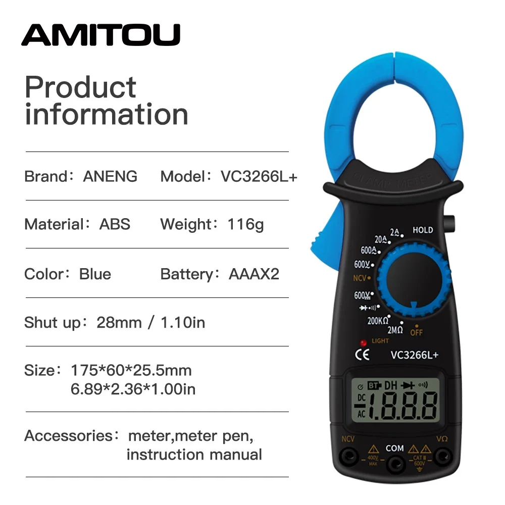 AMITOU VC3266L+ 1999 Counts Digital Professional Multimeter Clamp Amperímetro Handheld Clamp Meter Dc Current Voltage Meter