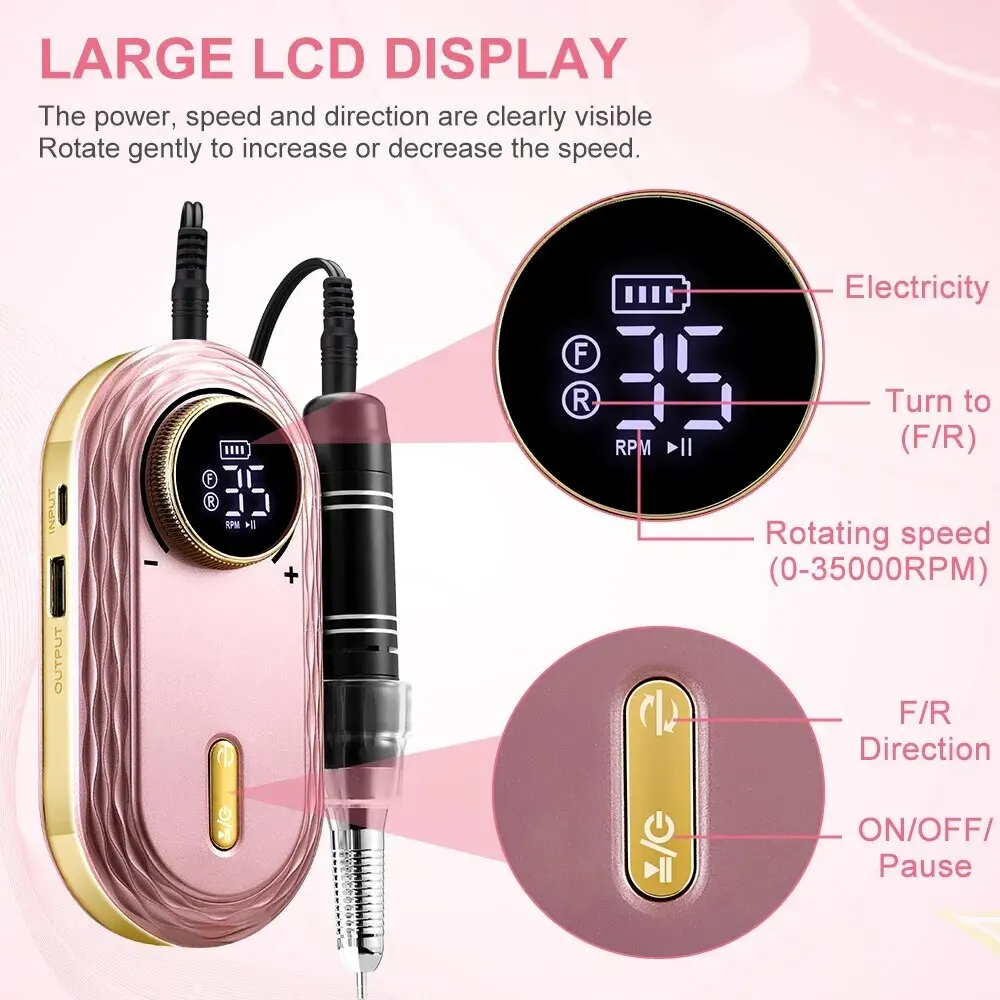 Portable Electric Nail Drill Machine 35000RPM Professional Rechargeable Nail Drill for Acrylic Nails Remove Nail Gel Polish