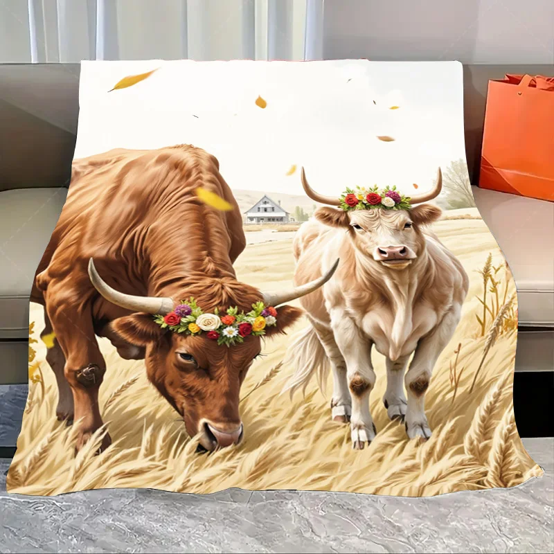 

1pc Flannel Blanket Autumn Farmhouse Style Blanket with Floral Crown Cows in Wheat Field