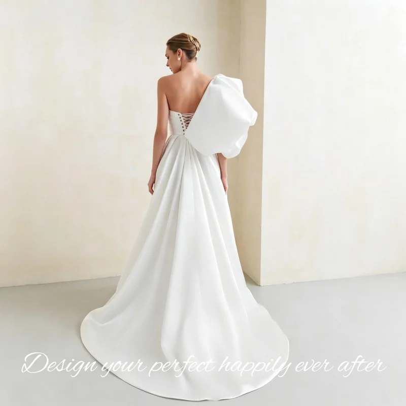 Trendy Satin A‑Line Wedding Gown Strapless Large Bow Lace‑Up Back Court Train Front Slit Vestidos De Novia Customized