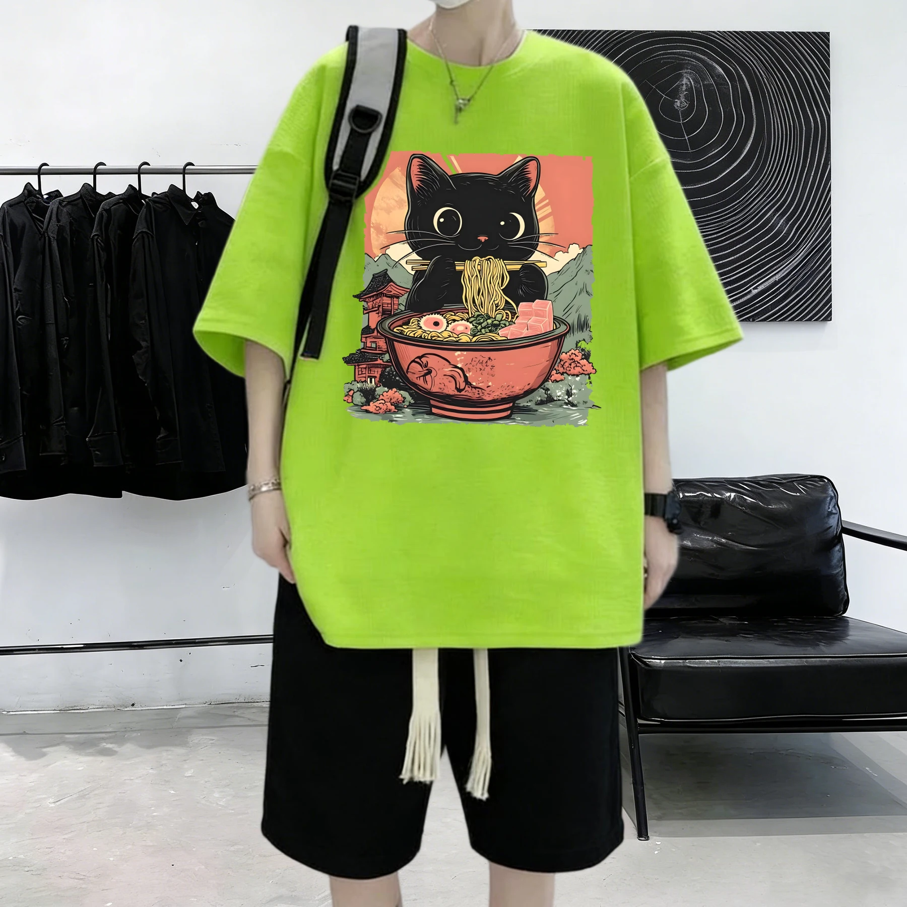 Retro Cats Like To Eat Lamian Noodles Design Men Summer Daily Cotton T-Shirt Korean Soft Streetwear Commute Breathable Tops