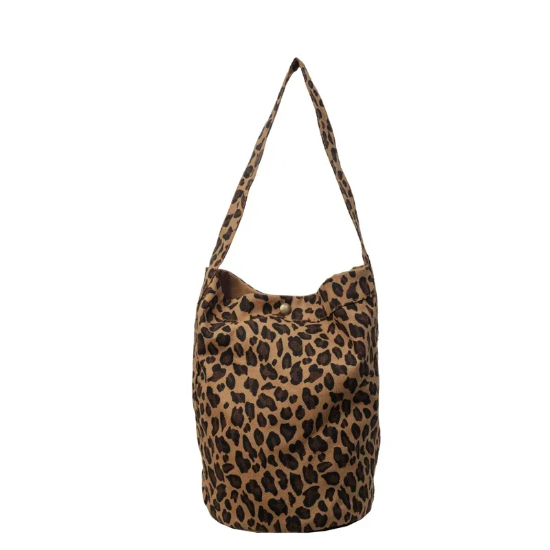 Leopard Print Bucket Cloth Shoulder Bags Casual Portable Hasp Retro Super Cool Handbags for Women 2024 Fashion Versatile on Sale