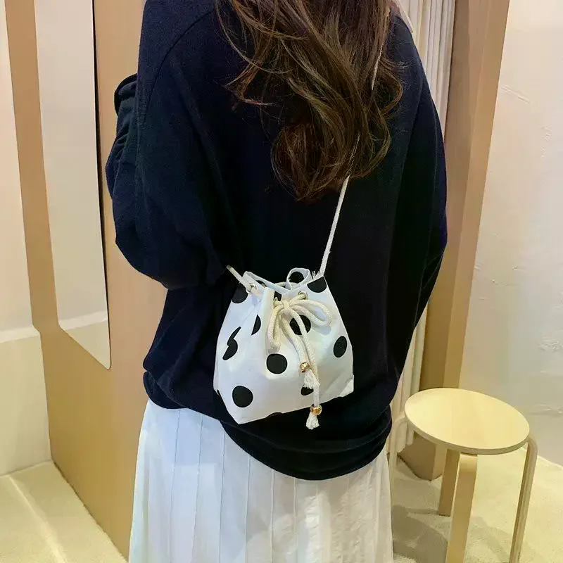 Polka Dot Nylon Drawstring Crossbody Bag Soft Lightweight Adjustable Strap Fashion Shoulder Purse for Women Shopping
