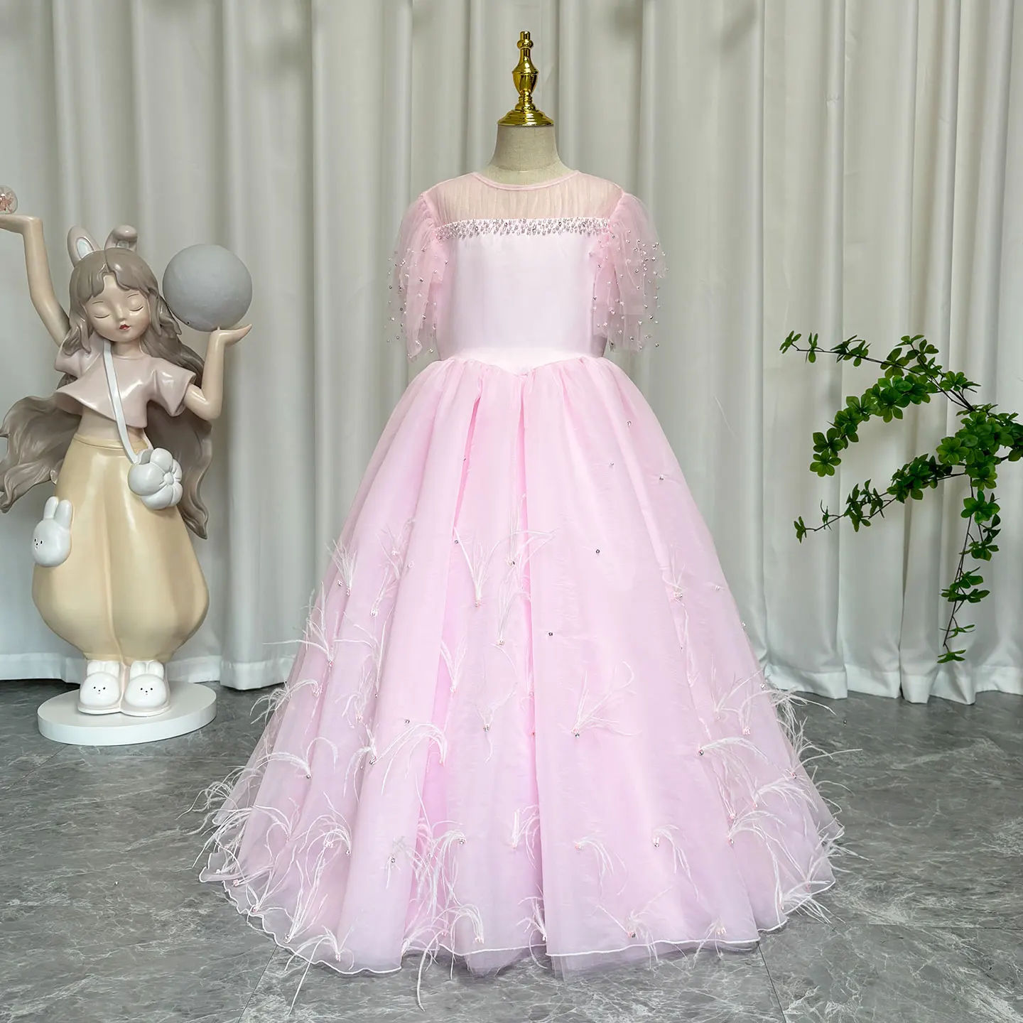 Jill Wish Luxury Blush Pink Girl Dress Feathers Beaded Princess Baby Kids Wedding Birthday Party Gown First Communion 2024 J391