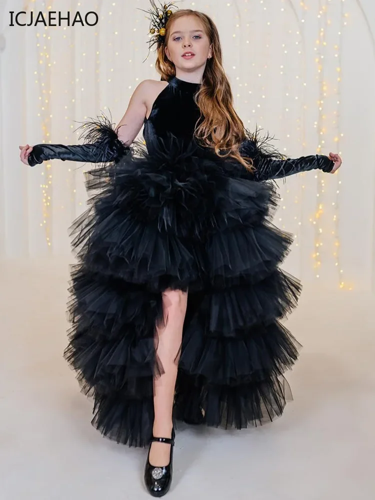 Robe noire en tulle haut-bas pour filles, col licou, robe de soirée élégante pour enfants, tenue formelle élégante avec jupe à plusieurs niveaux